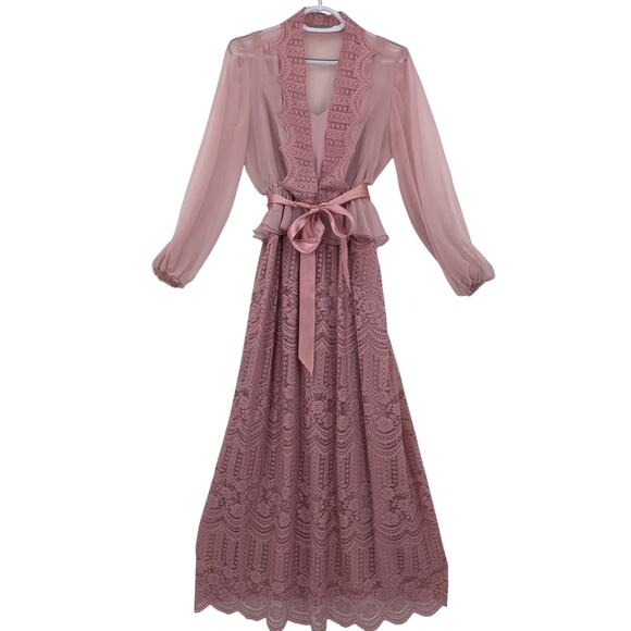 Vintage 1970's Mauve Pink PROM Maxi DRESS & JACKET Sheer Sleeves & Lace Overlay - Picture 3 of 14